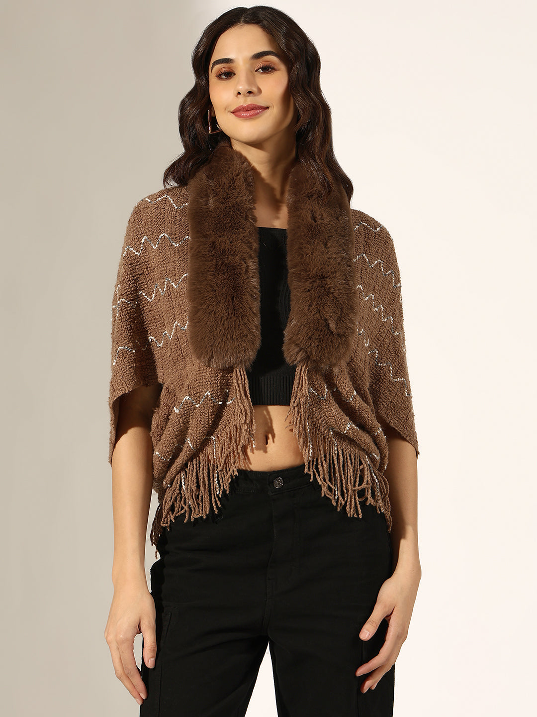 Women's Knitted Brown Faux Fur Collar Poncho with Fringed Hem