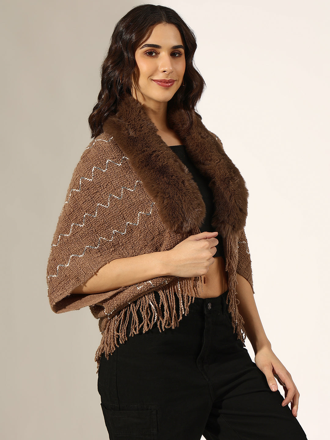 Women's Knitted Brown Faux Fur Collar Poncho with Fringed Hem
