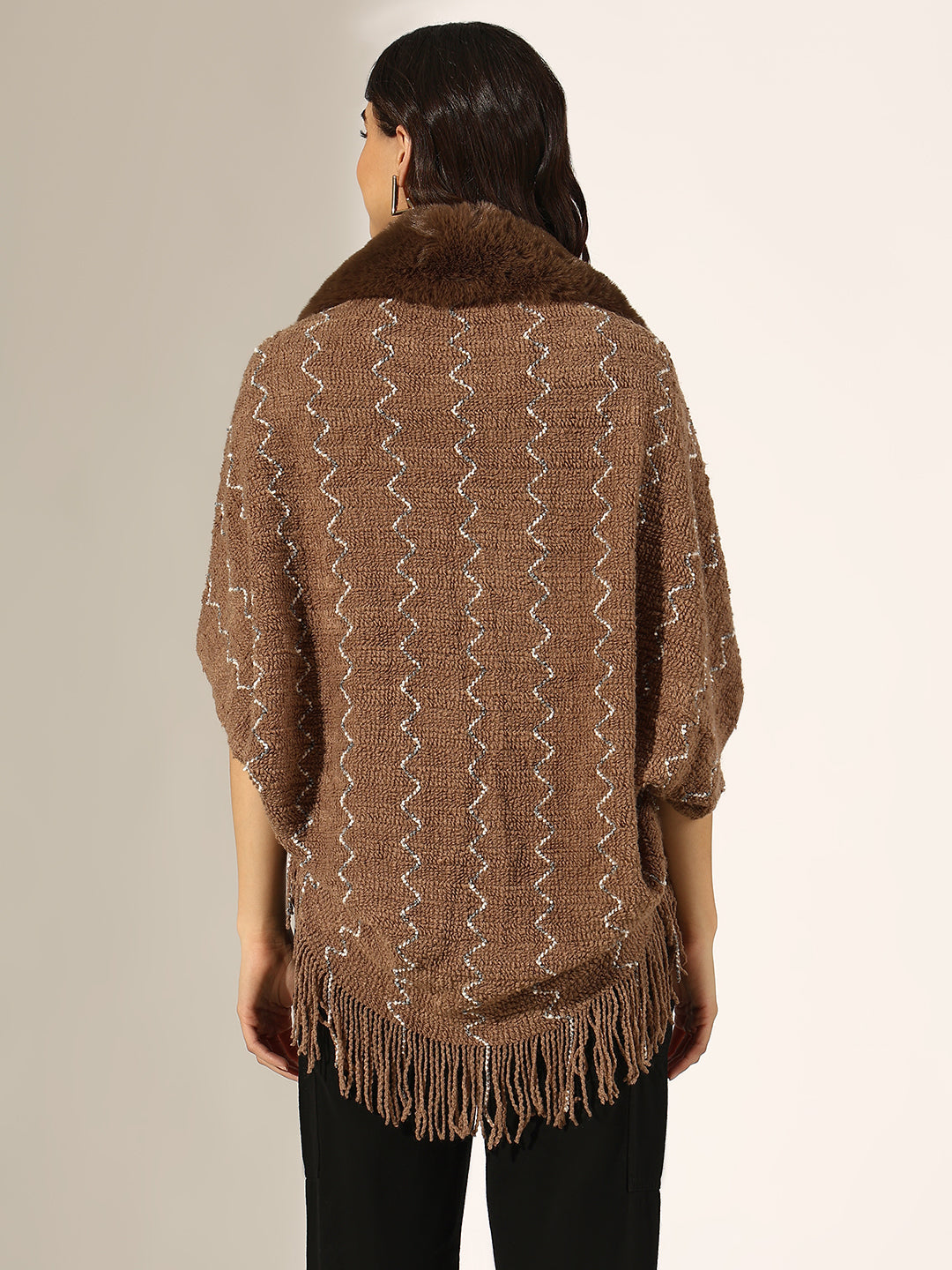 Women's Knitted Brown Faux Fur Collar Poncho with Fringed Hem