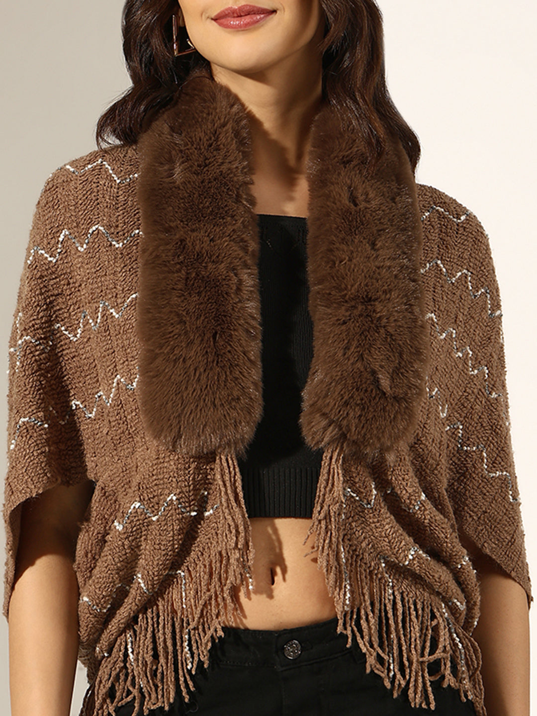 Women's Knitted Brown Faux Fur Collar Poncho with Fringed Hem