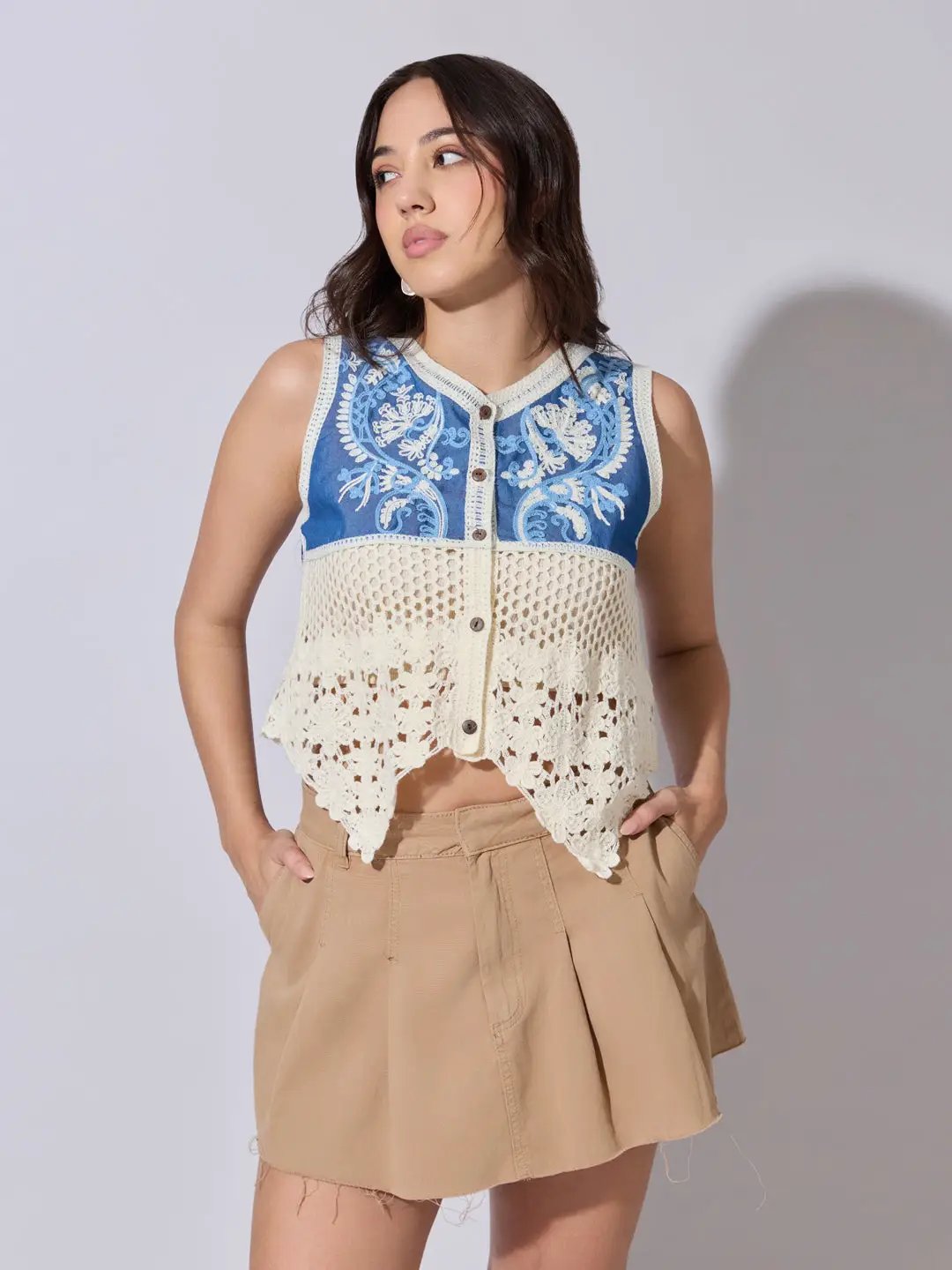 Women's Blue Crochet Denim Panel Sleeveless Top - from SHOWOFFFF