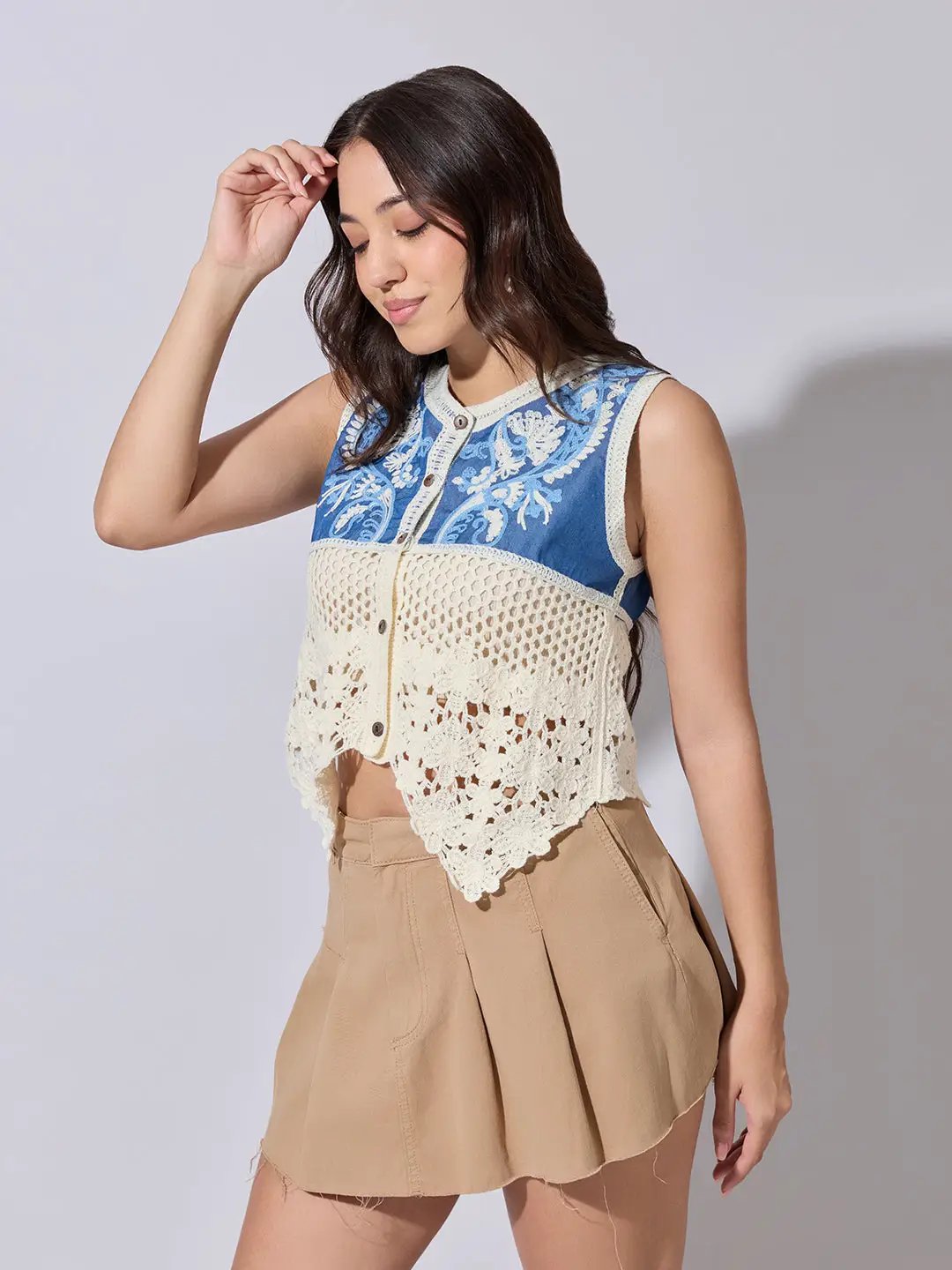 Women's Blue Crochet Denim Panel Sleeveless Top - from SHOWOFFFF