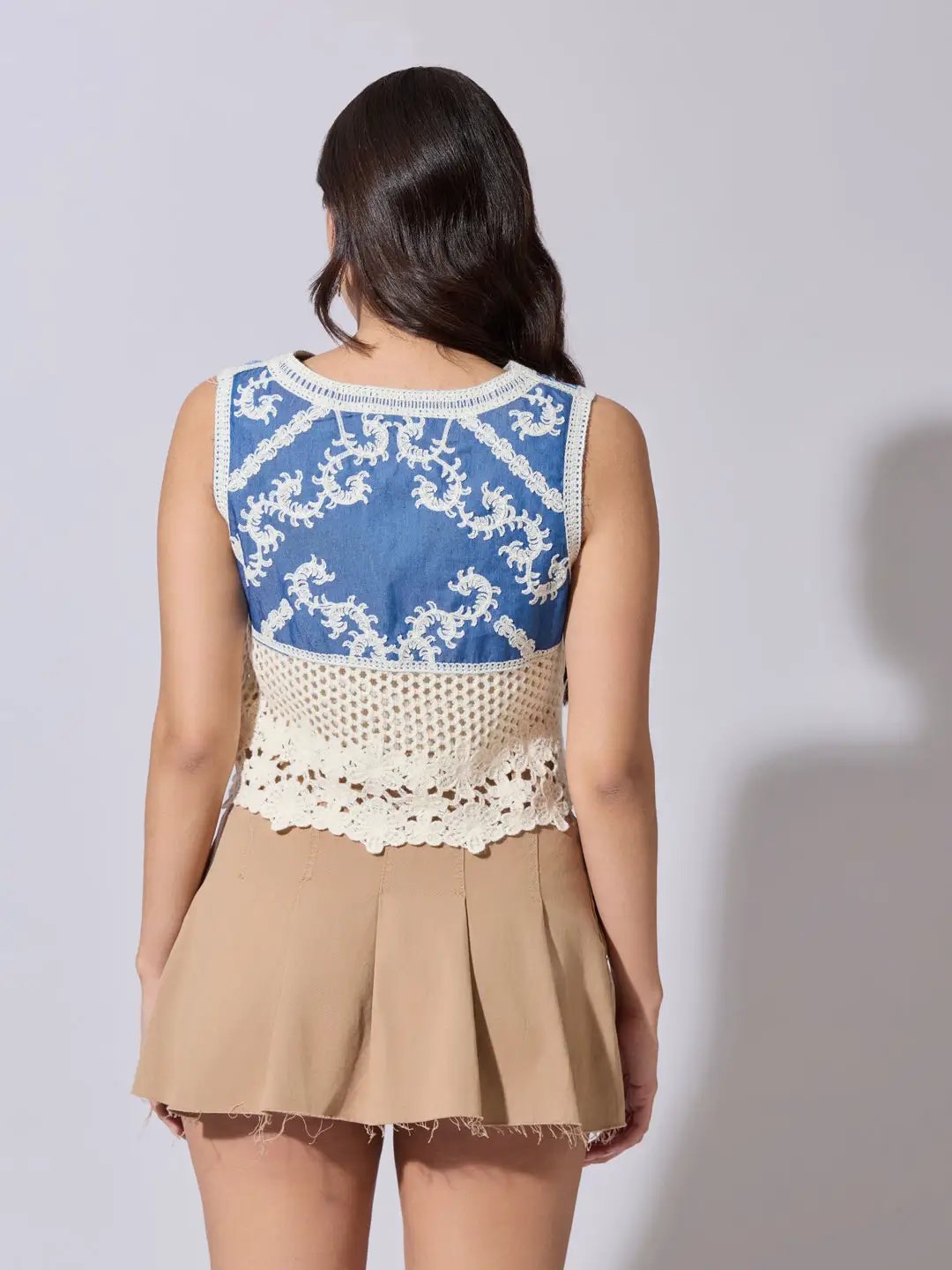 Women's Blue Crochet Denim Panel Sleeveless Top - from SHOWOFFFF