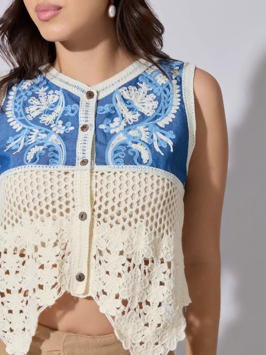 Women's Blue Crochet Denim Panel Sleeveless Top - from SHOWOFFFF