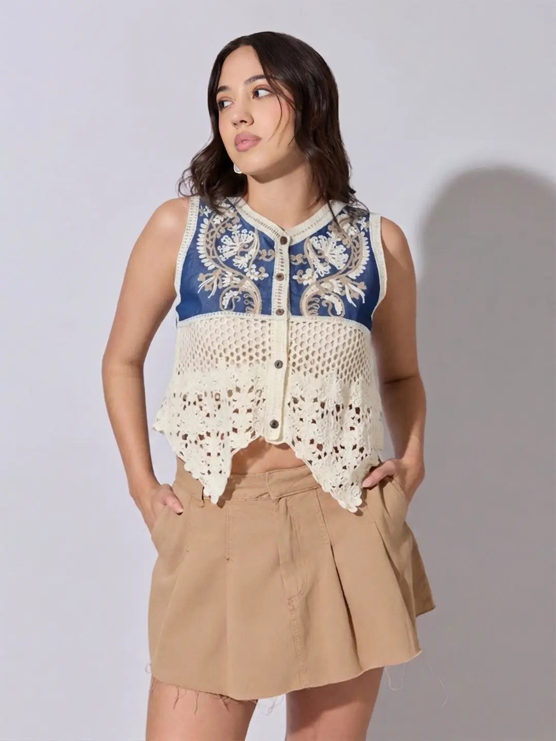 Women’s Cream Crochet Denim Panel Sleeveless Top