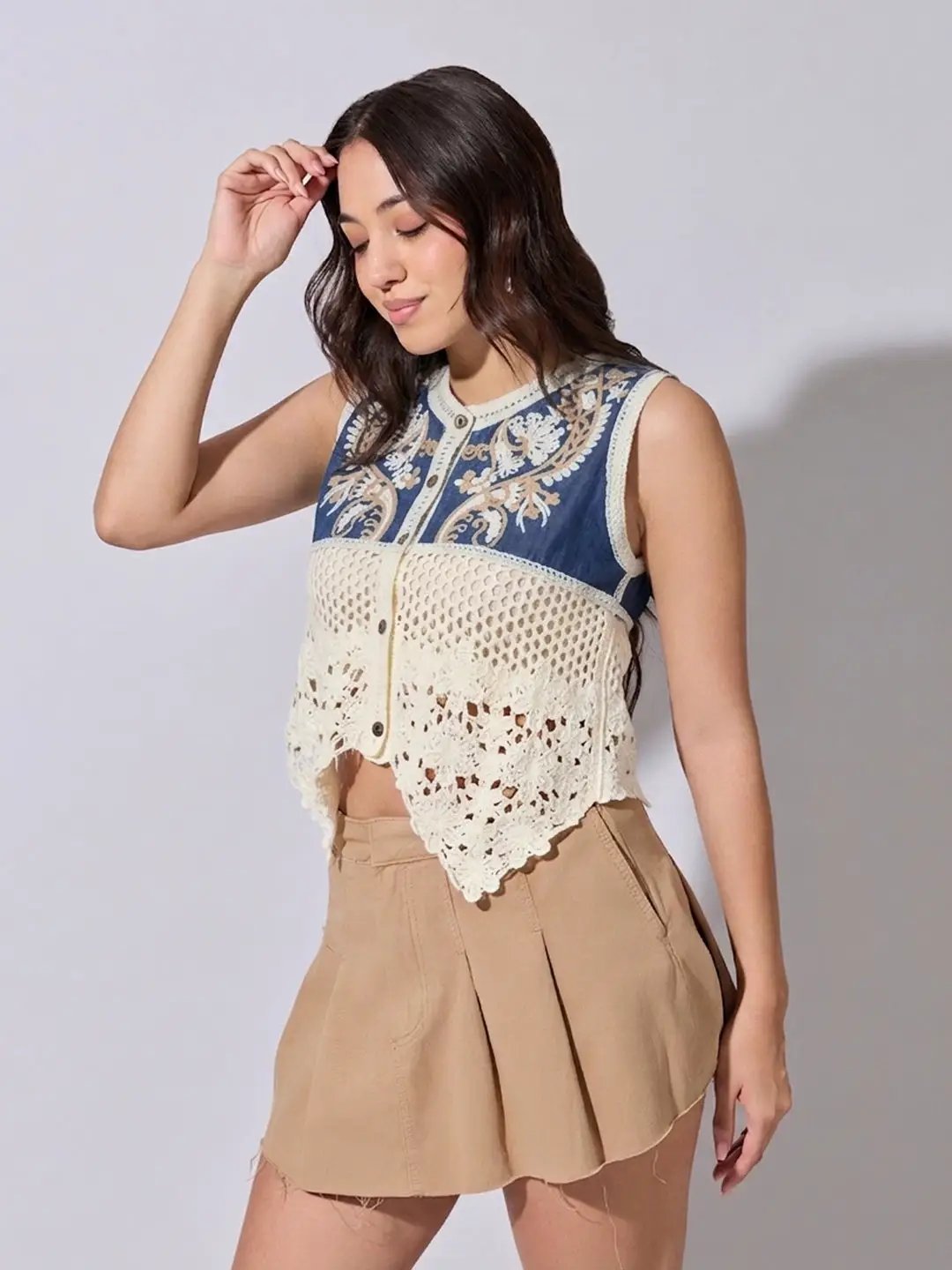 Women’s Cream Crochet Denim Panel Sleeveless Top