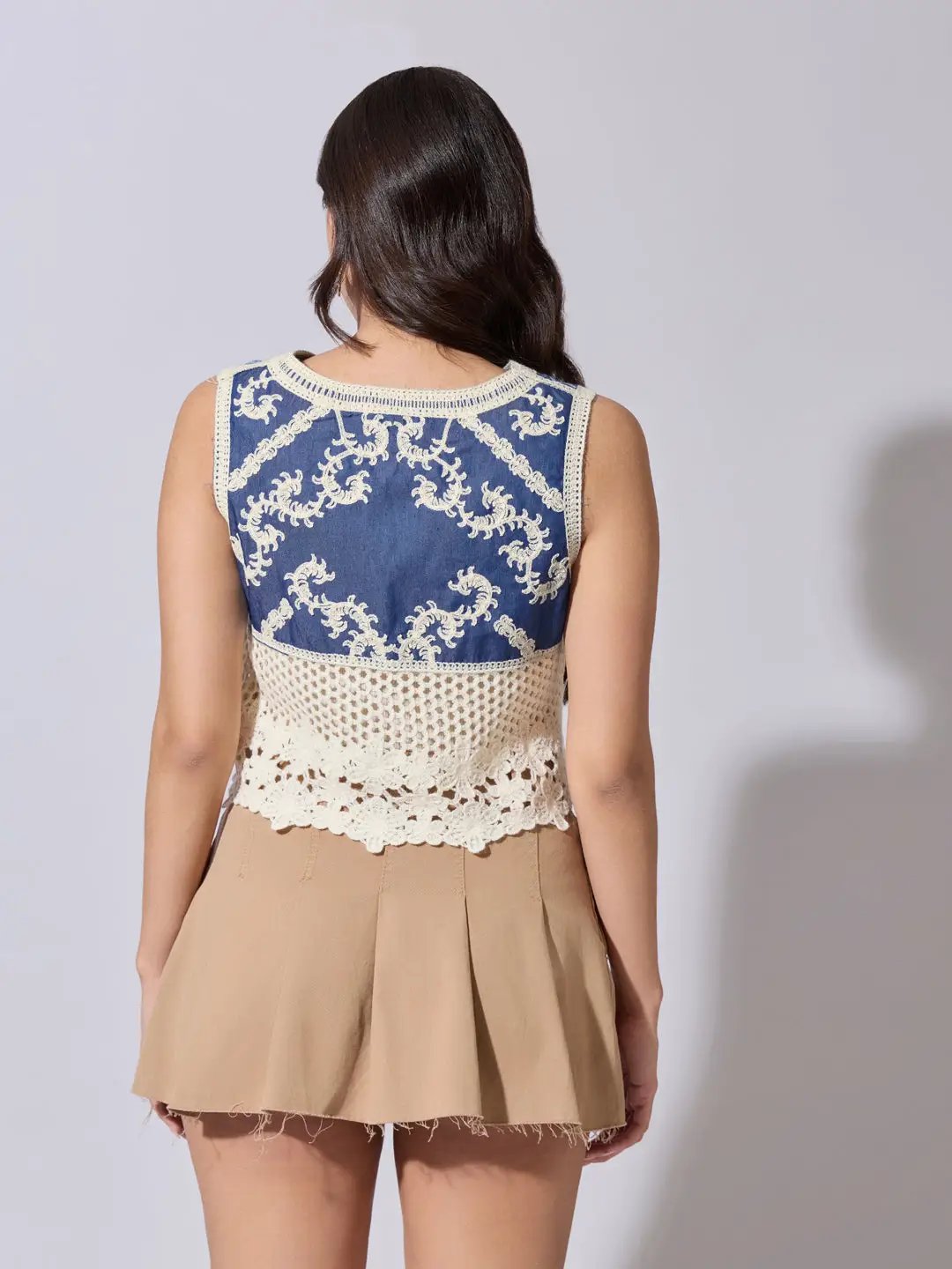 Women’s Cream Crochet Denim Panel Sleeveless Top