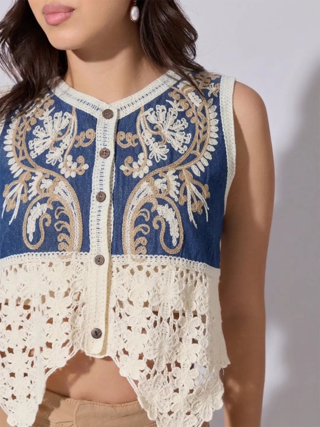 Women’s Cream Crochet Denim Panel Sleeveless Top