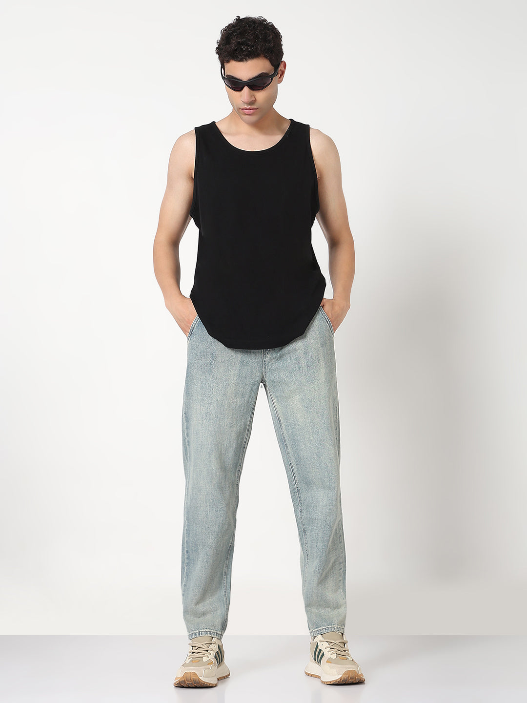 Men's Blue Washed Tapered Fit Drawstring Jeans