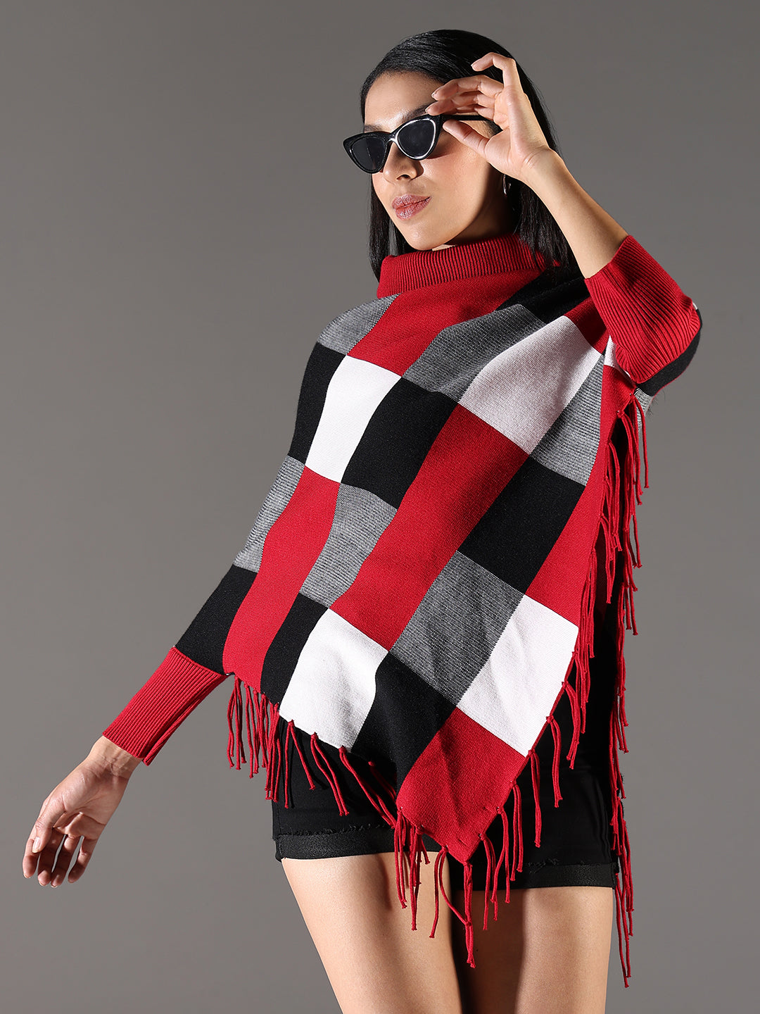 Women Checked Red Longline Poncho