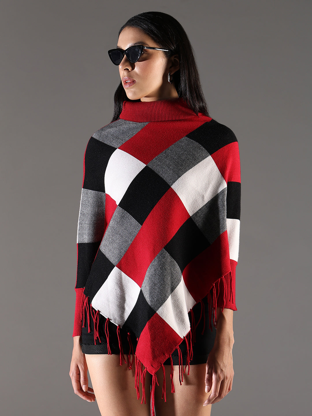 Women Checked Red Longline Poncho