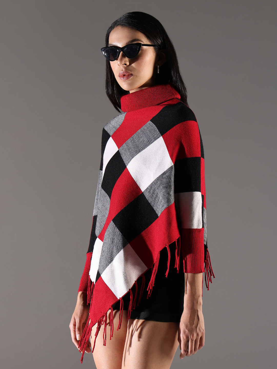 Women Checked Red Longline Poncho