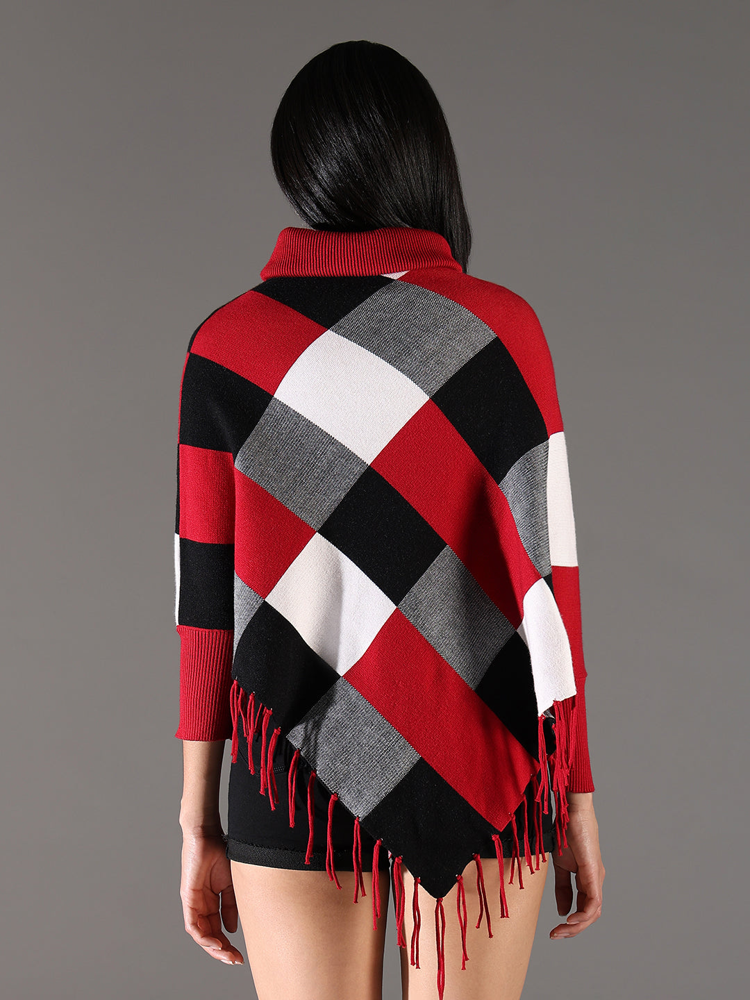 Women Checked Red Longline Poncho