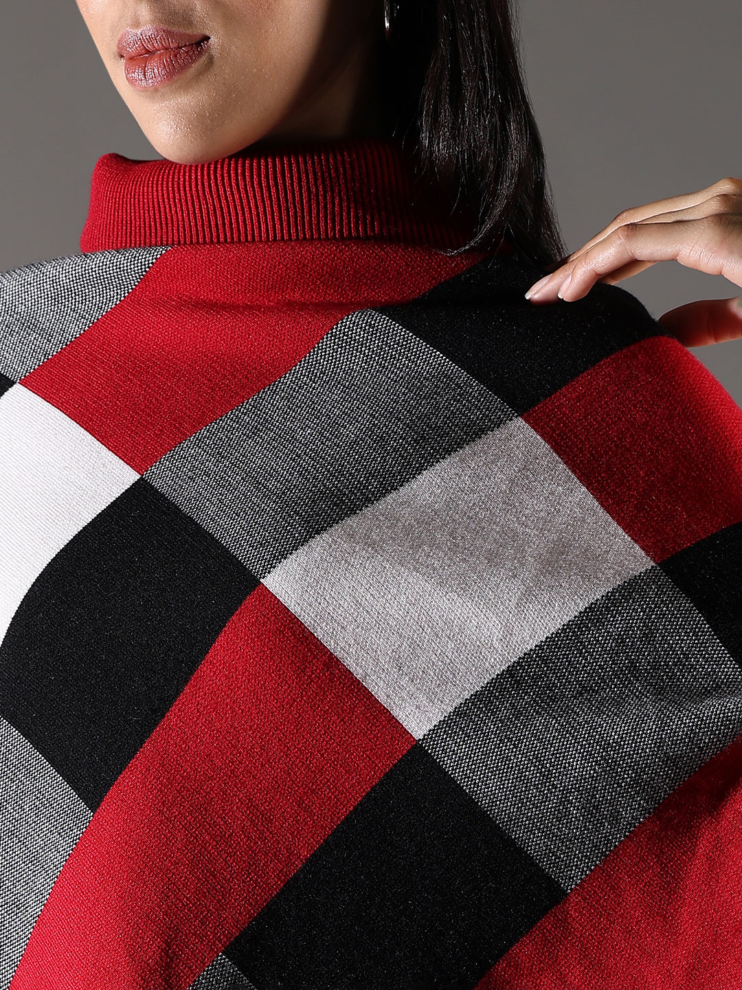 Women Checked Red Longline Poncho