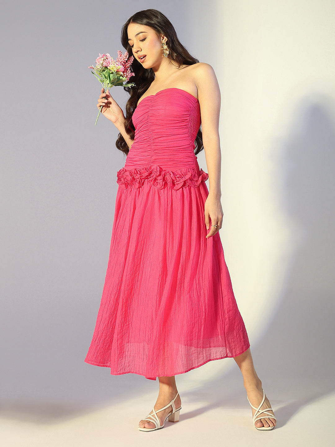 Women's Pink Strapless Ruched Dress with Ruffled Waist Detail