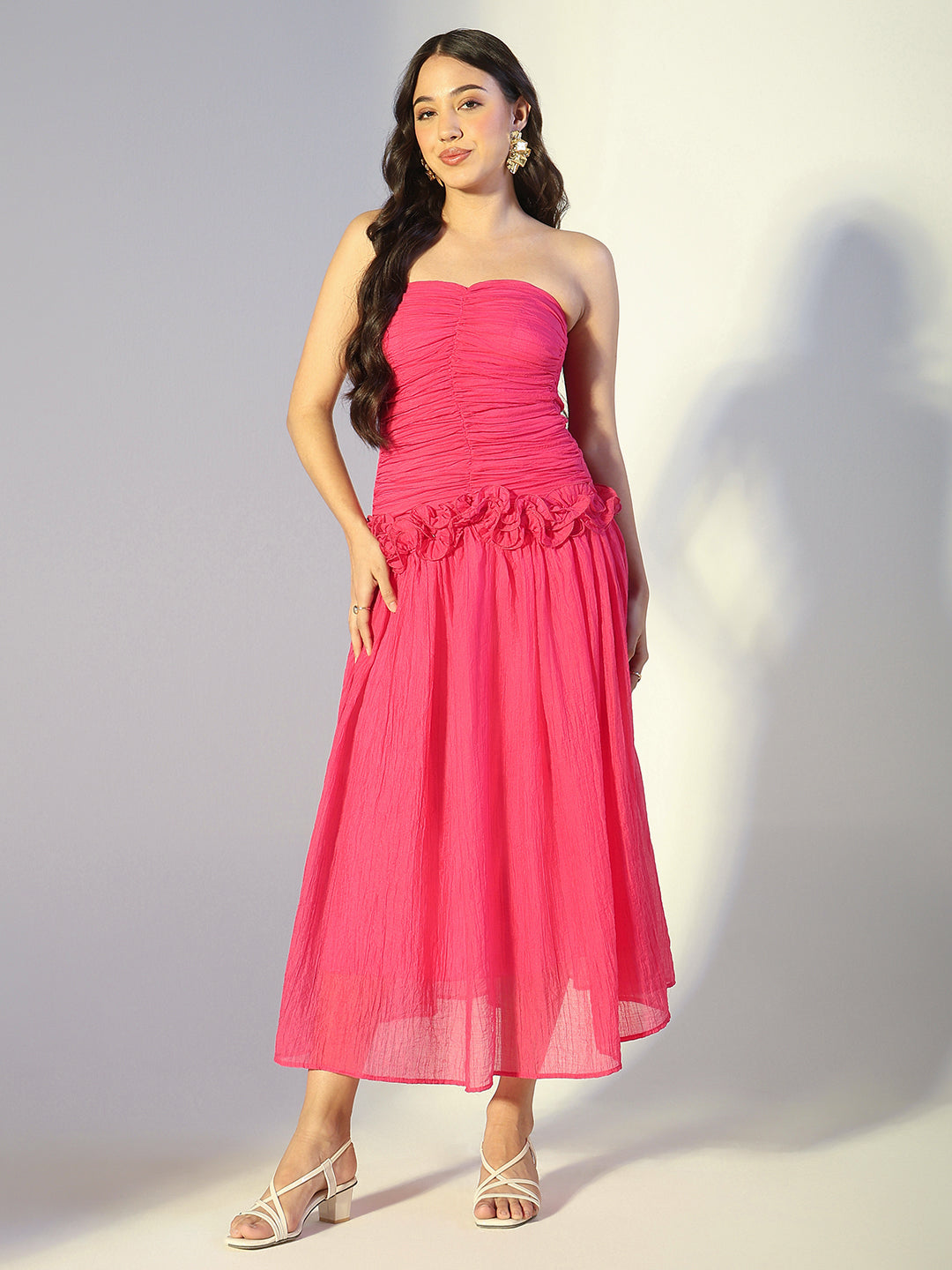 Women's Pink Strapless Ruched Dress with Ruffled Waist Detail