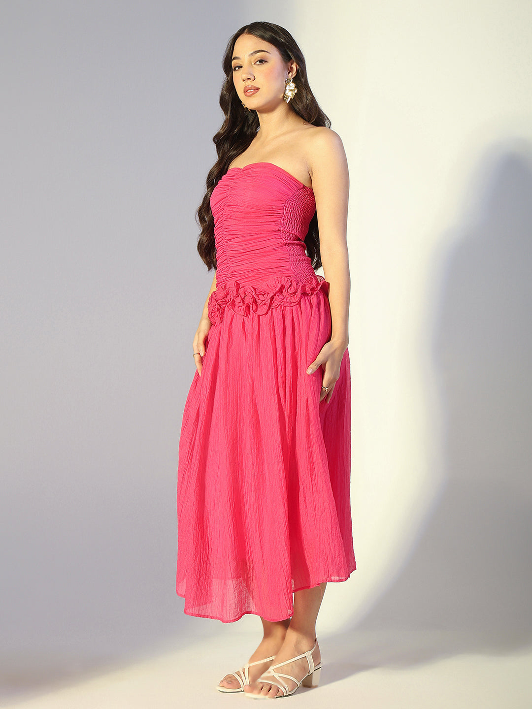Women's Pink Strapless Ruched Dress with Ruffled Waist Detail