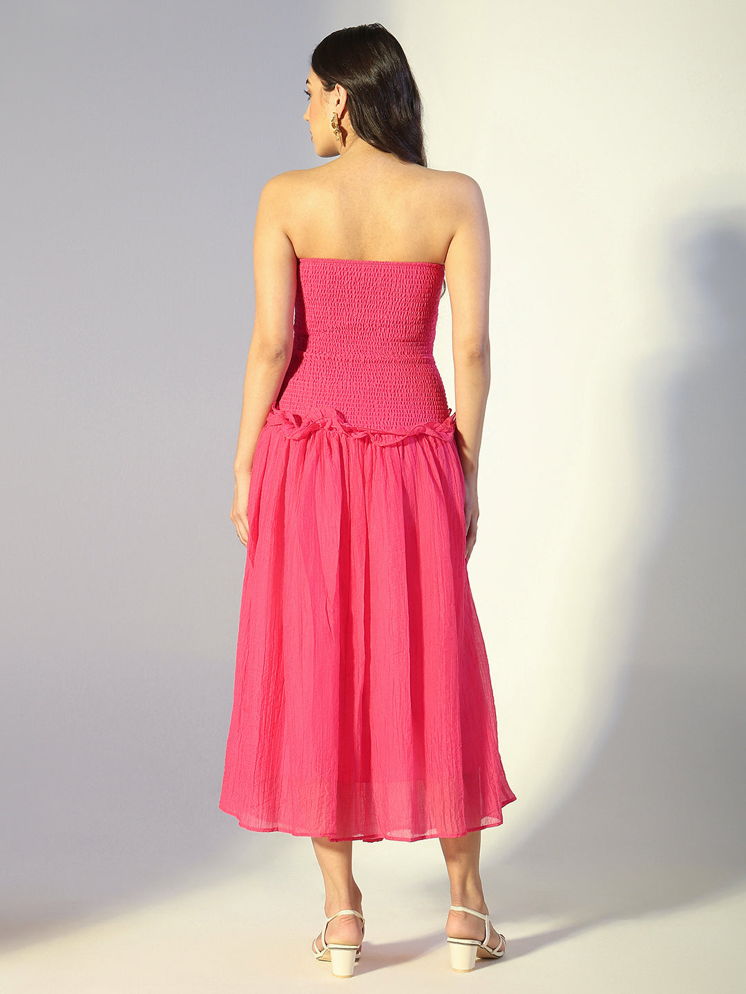 Women's Pink Strapless Ruched Dress with Ruffled Waist Detail