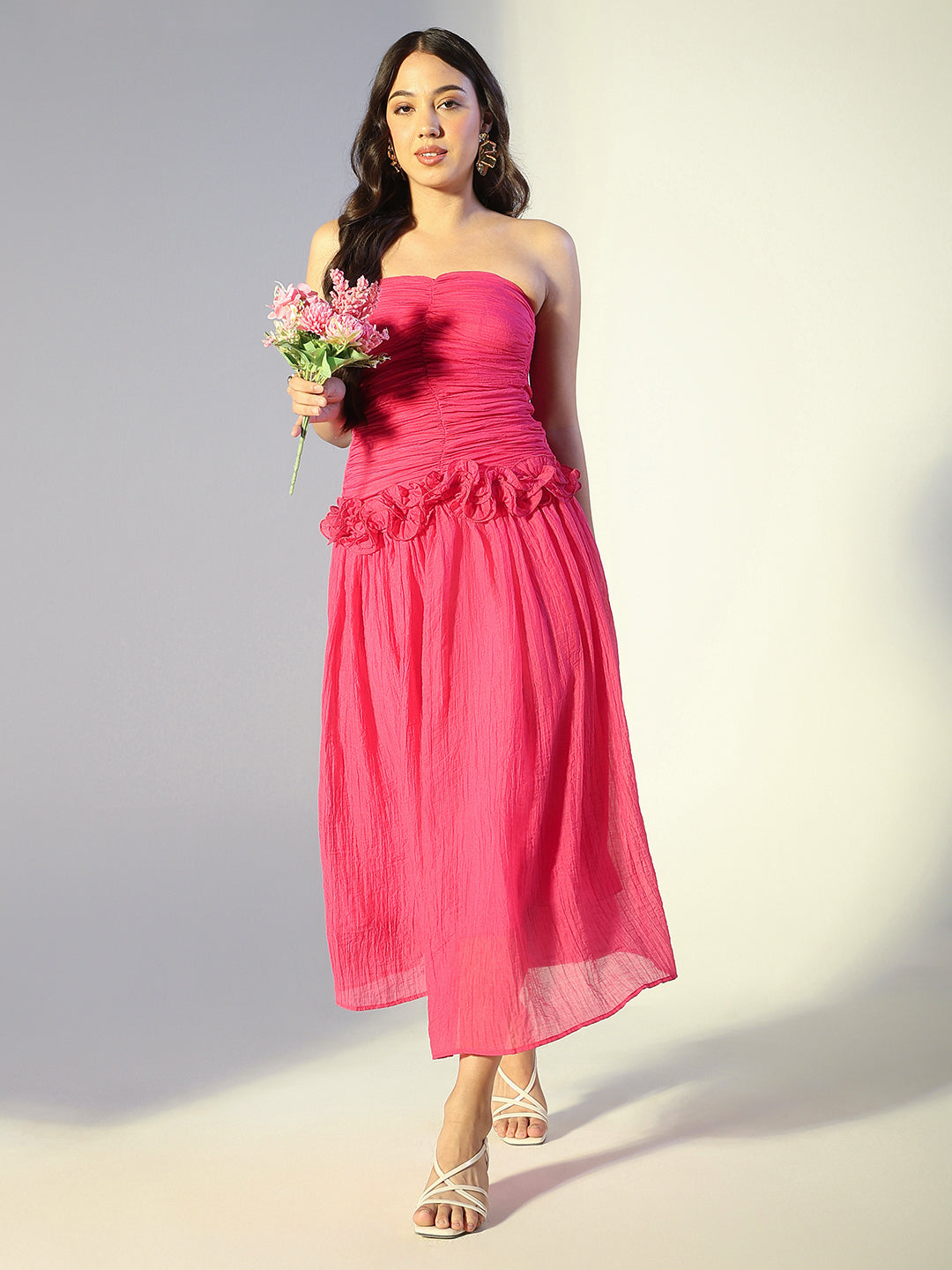 Women's Pink Strapless Ruched Dress with Ruffled Waist Detail