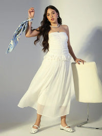 Women's White Strapless Ruched Dress with Ruffled Waist Detail