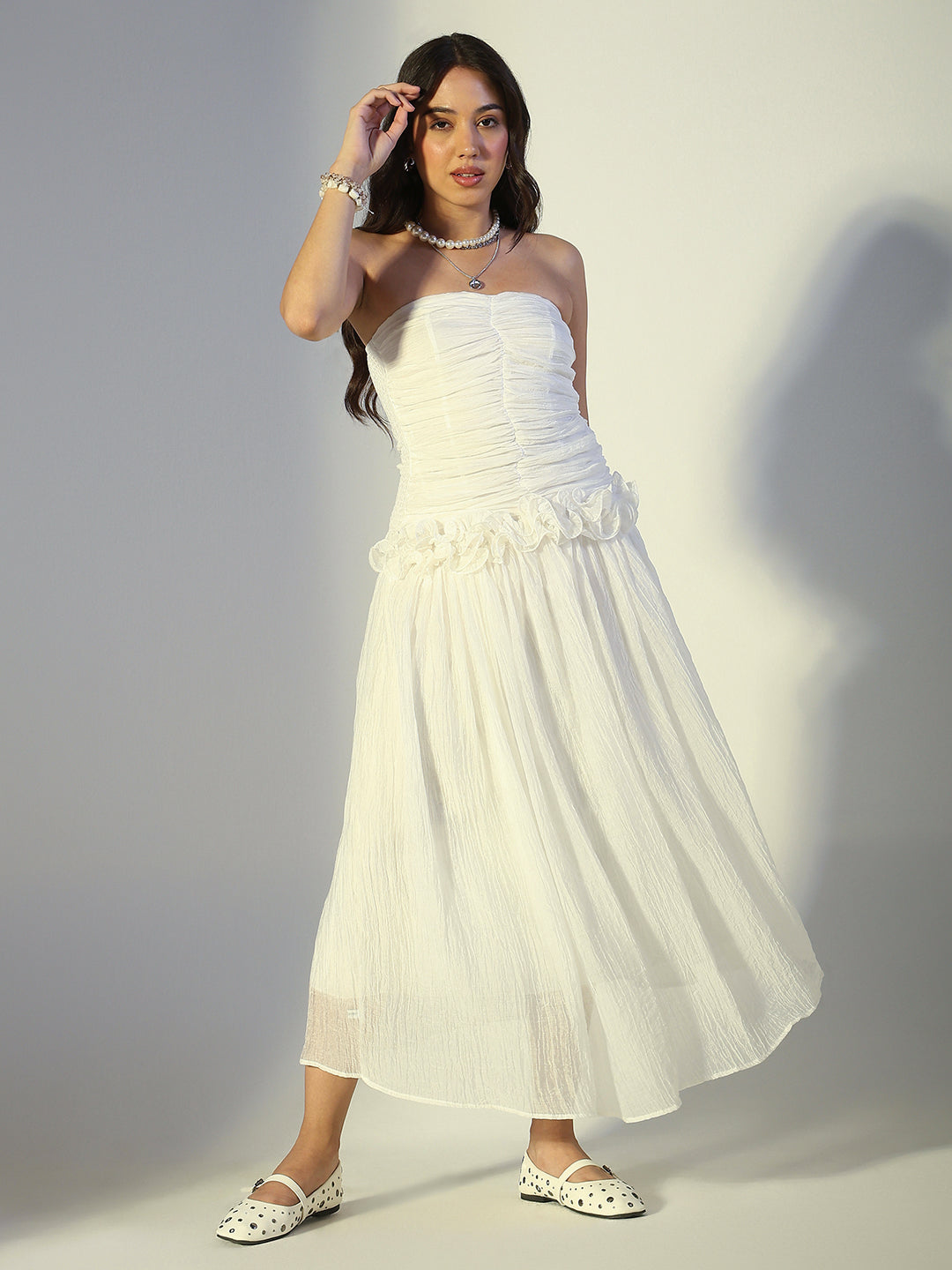 Women's White Strapless Ruched Dress with Ruffled Waist Detail