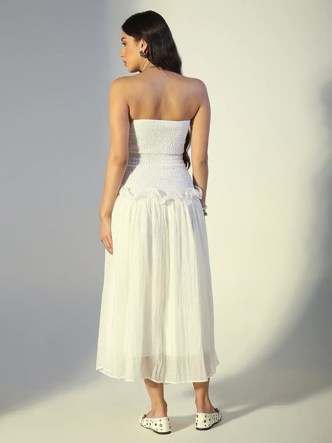 Women's White Strapless Ruched Dress with Ruffled Waist Detail - from SHOWOFFFF