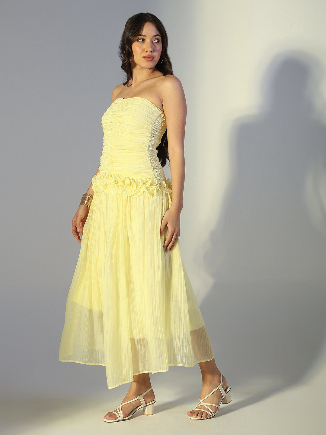 Women's Yellow Strapless Ruched Dress with Ruffled Waist Detail
