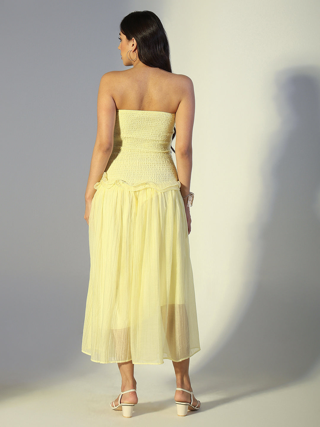 Women's Yellow Strapless Ruched Dress with Ruffled Waist Detail
