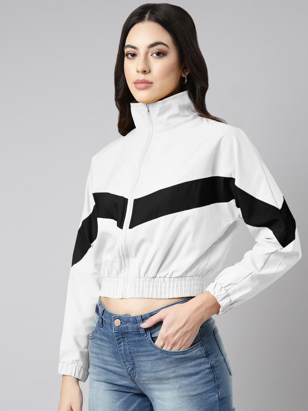 Women's White Mock Collar Relaxed Fit Zipper Crop Bomber Jacket