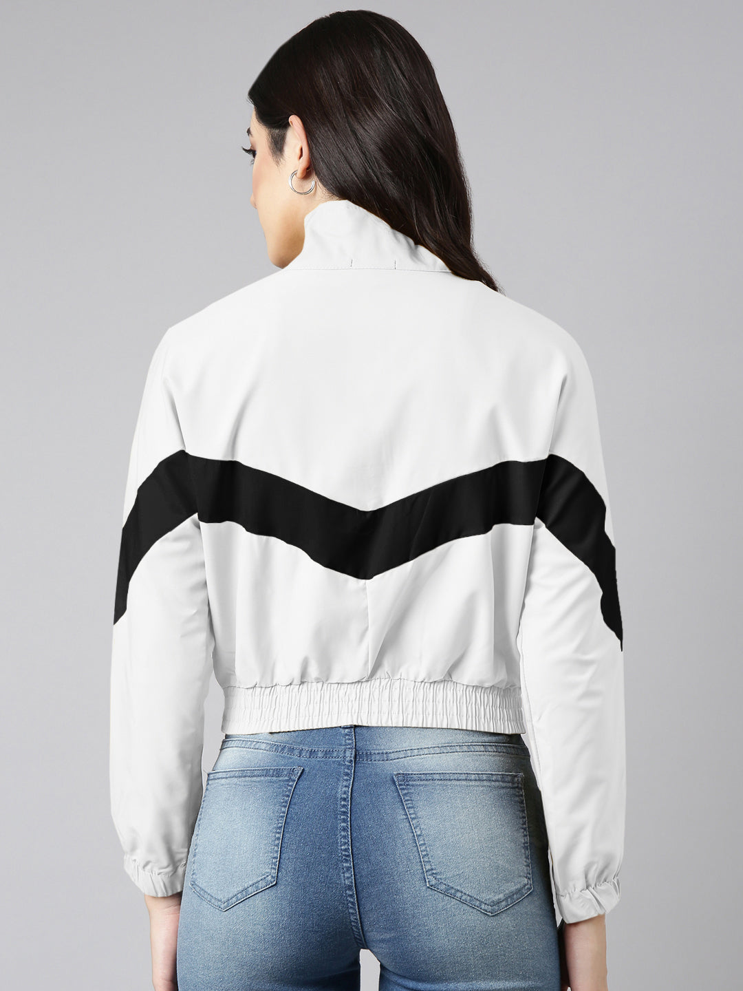 Women's White Mock Collar Relaxed Fit Zipper Crop Bomber Jacket