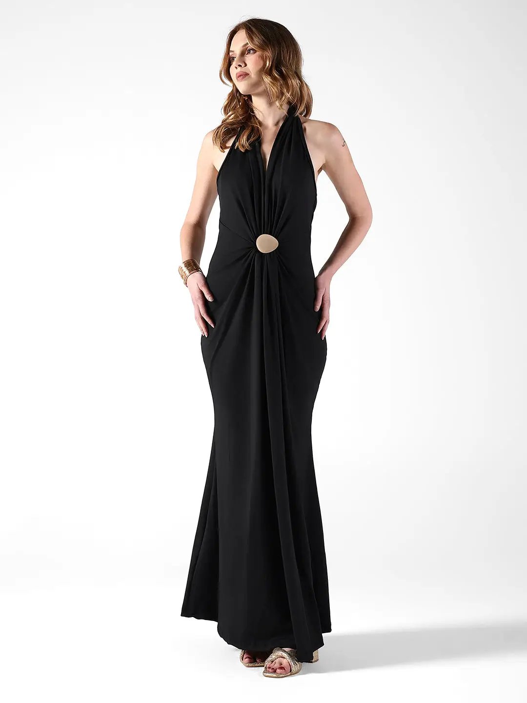 Shop Women's Black Halter Neck Maxi Dress with Draped Waist| Showoffff Shop Women's Black Halter Neck Maxi Dress with Draped Waist| Showoffff