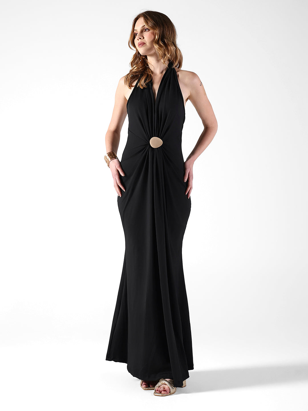 Women's Black Halter Neck Maxi Dress with Draped Waist