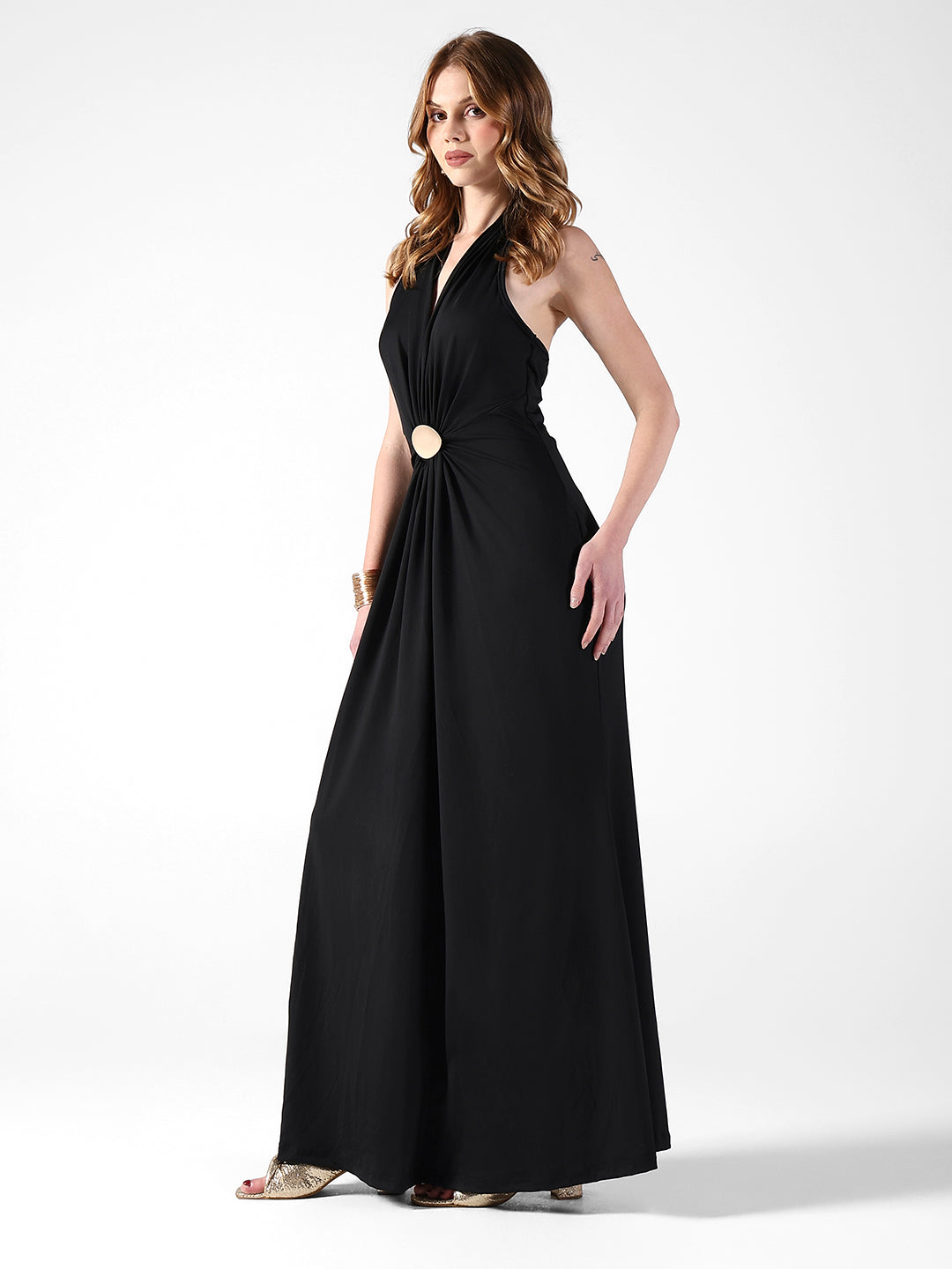 Women's Black Halter Neck Maxi Dress with Draped Waist