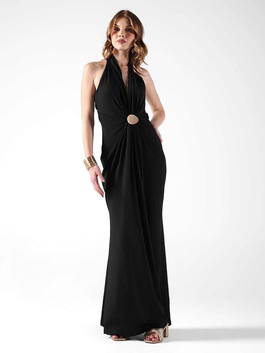 Women's Black Halter Neck Maxi Dress with Draped Waist