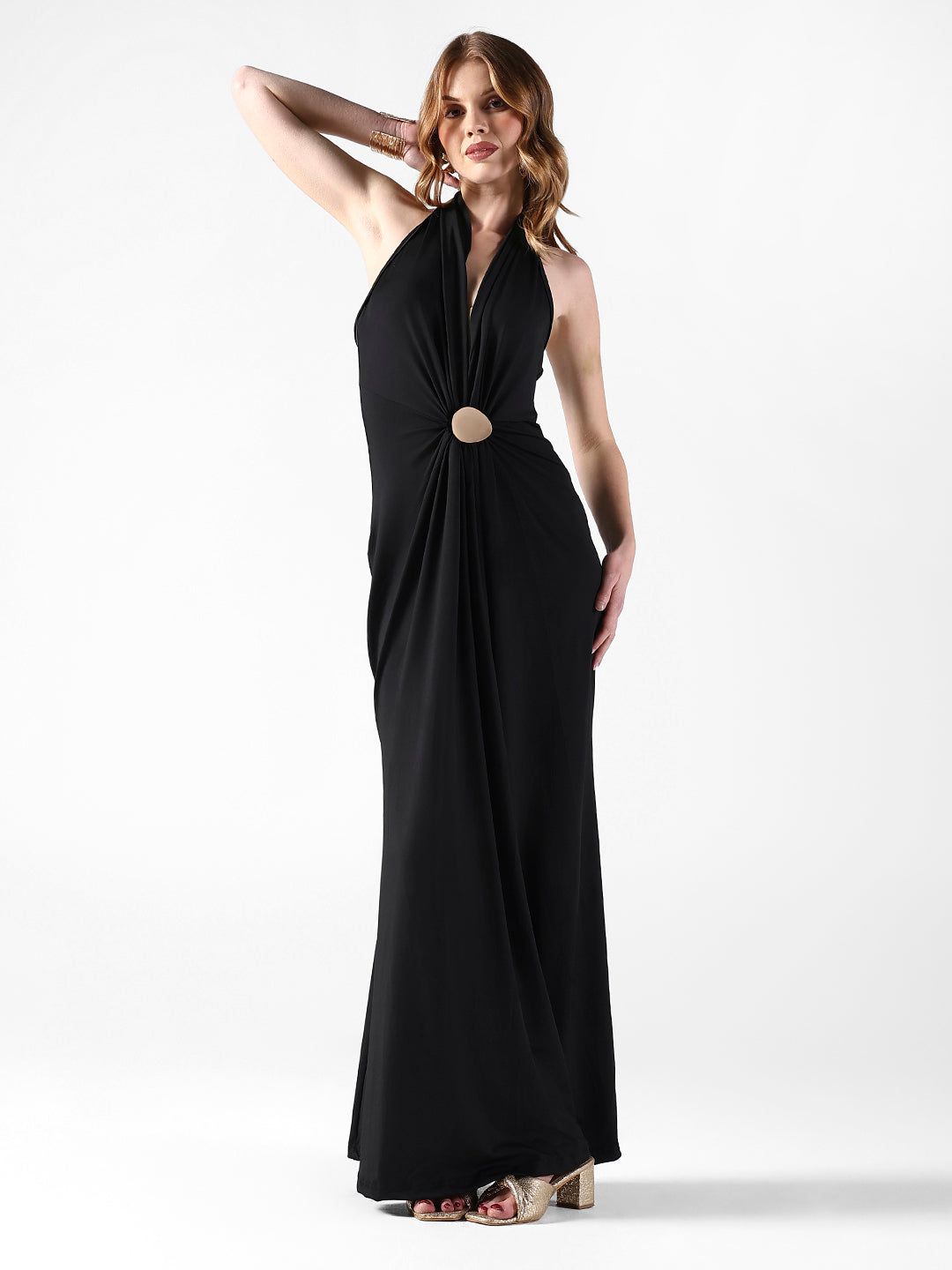 Women's Black Halter Neck Maxi Dress with Draped Waist