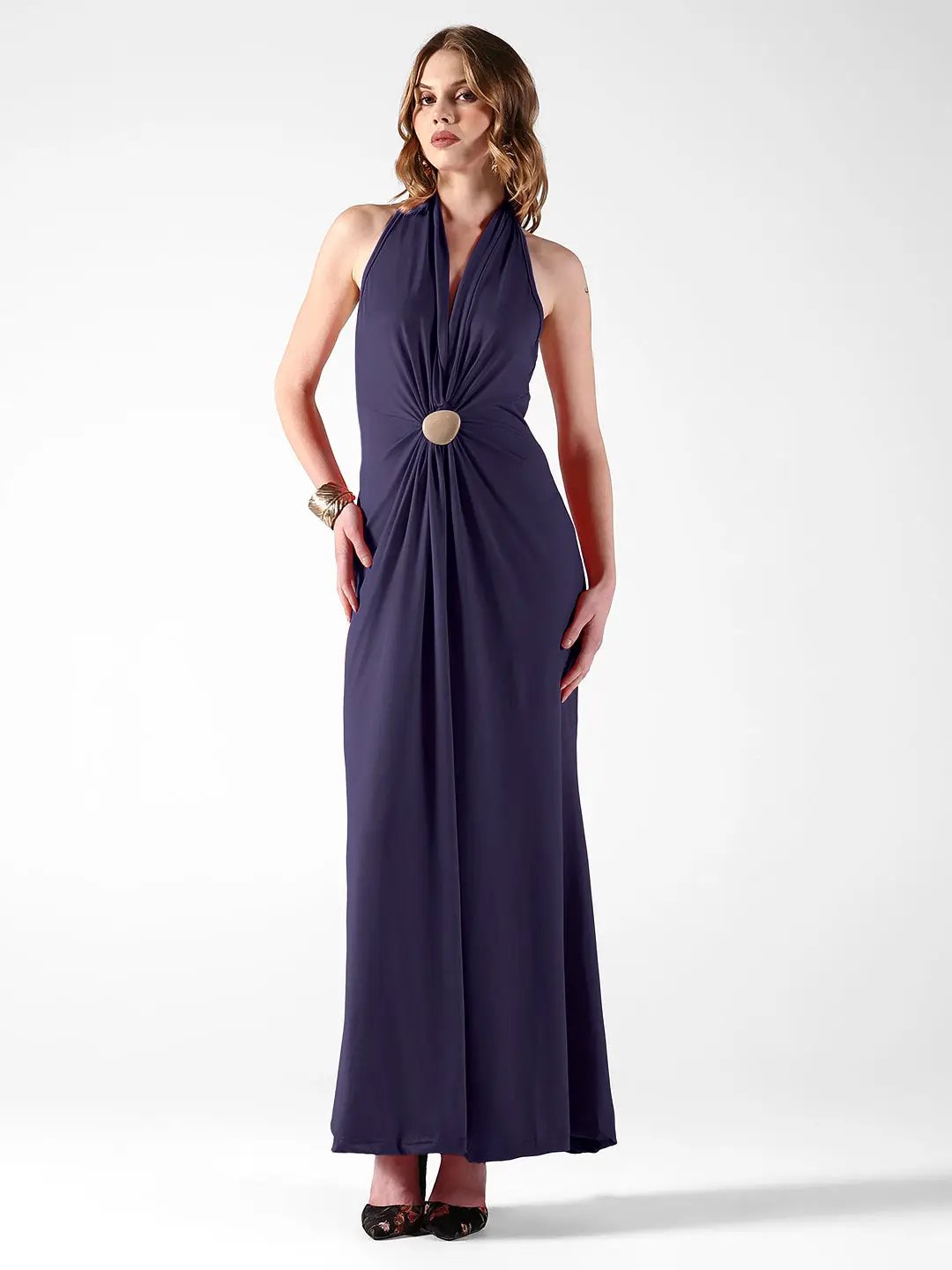 Women's Blue Solid A-Line Dress With Drape Over
