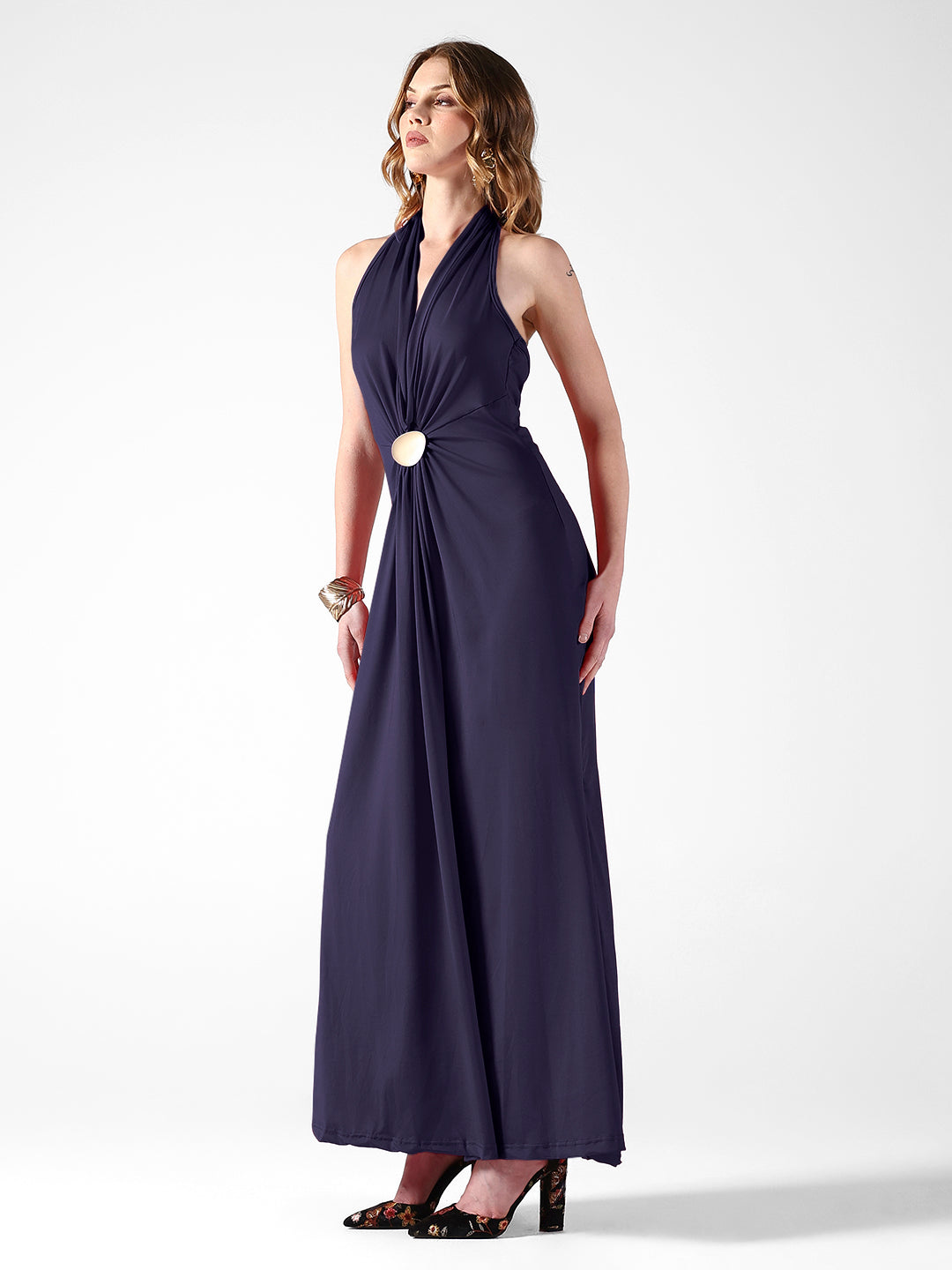 Women's Blue Solid A-Line Dress With Drape Over