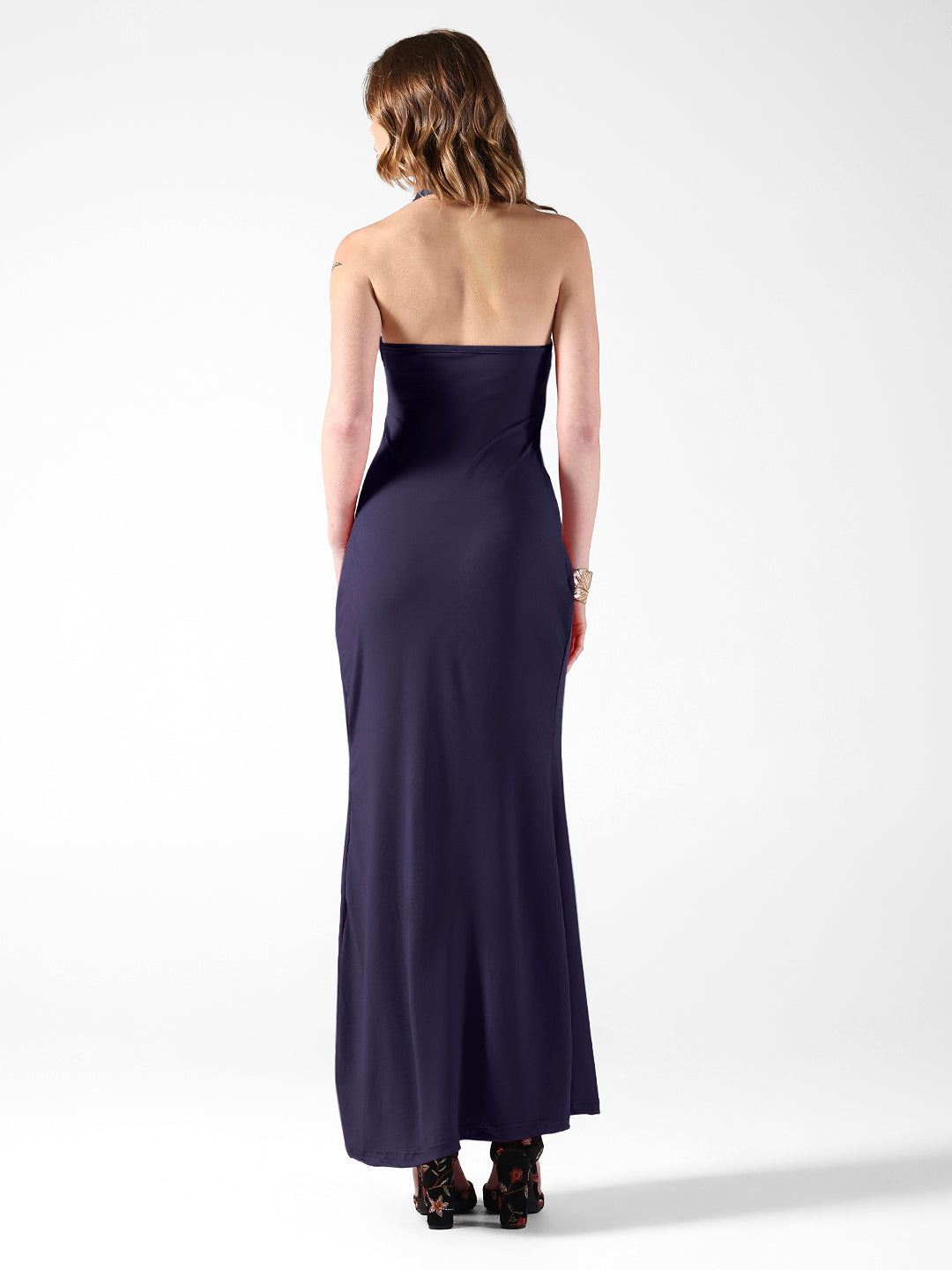 Women's Blue Solid A-Line Dress With Drape Over