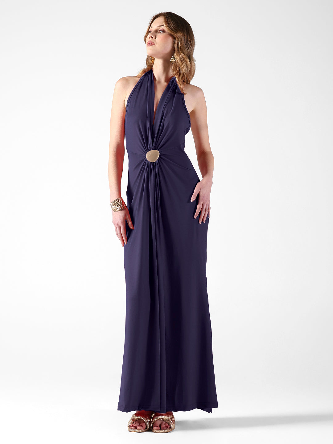 Women's Blue Solid A-Line Dress With Drape Over