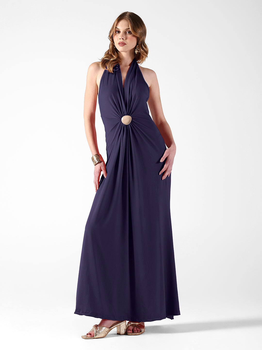 Women's Blue Solid A-Line Dress With Drape Over