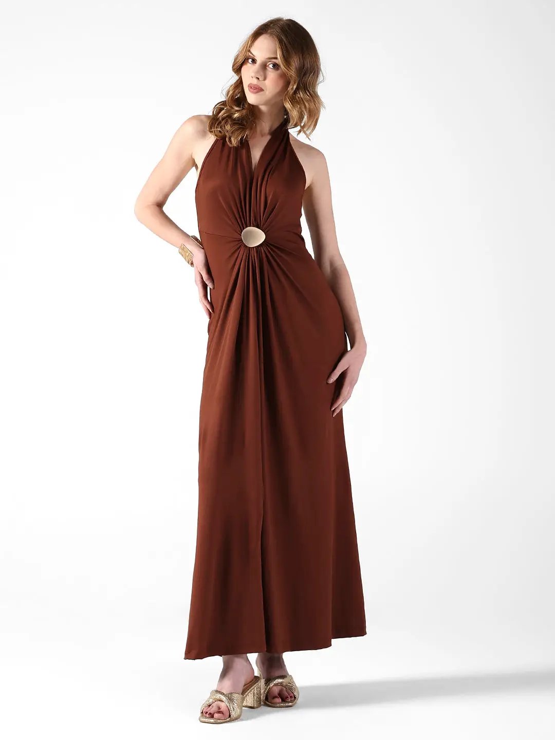 Shop Women's Brown Halter Neck Maxi Dress with Draped Waist| Showoffff Shop Women's Brown Halter Neck Maxi Dress with Draped Waist| Showoffff