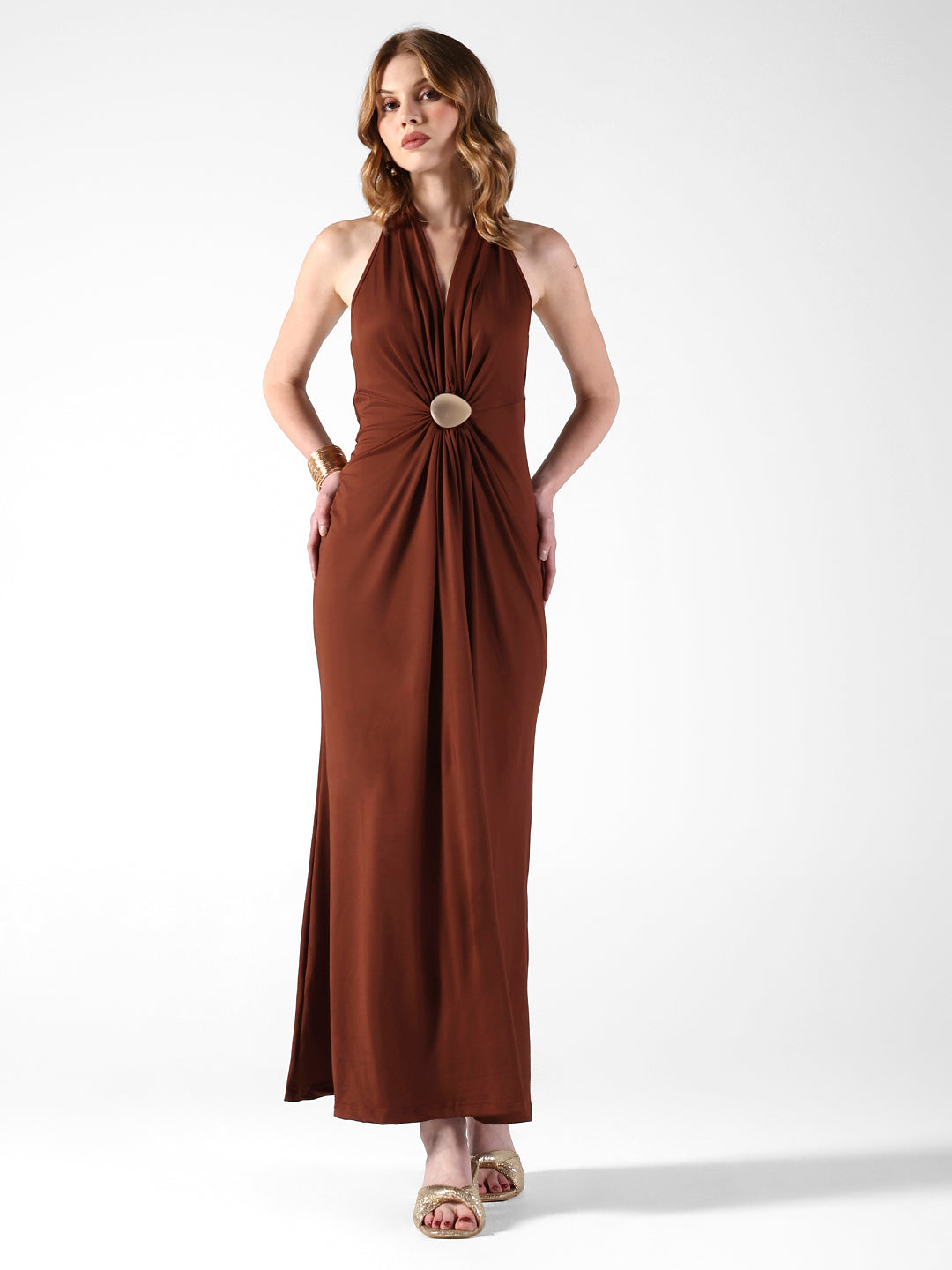 Women's Brown Halter Neck Maxi Dress with Draped Waist