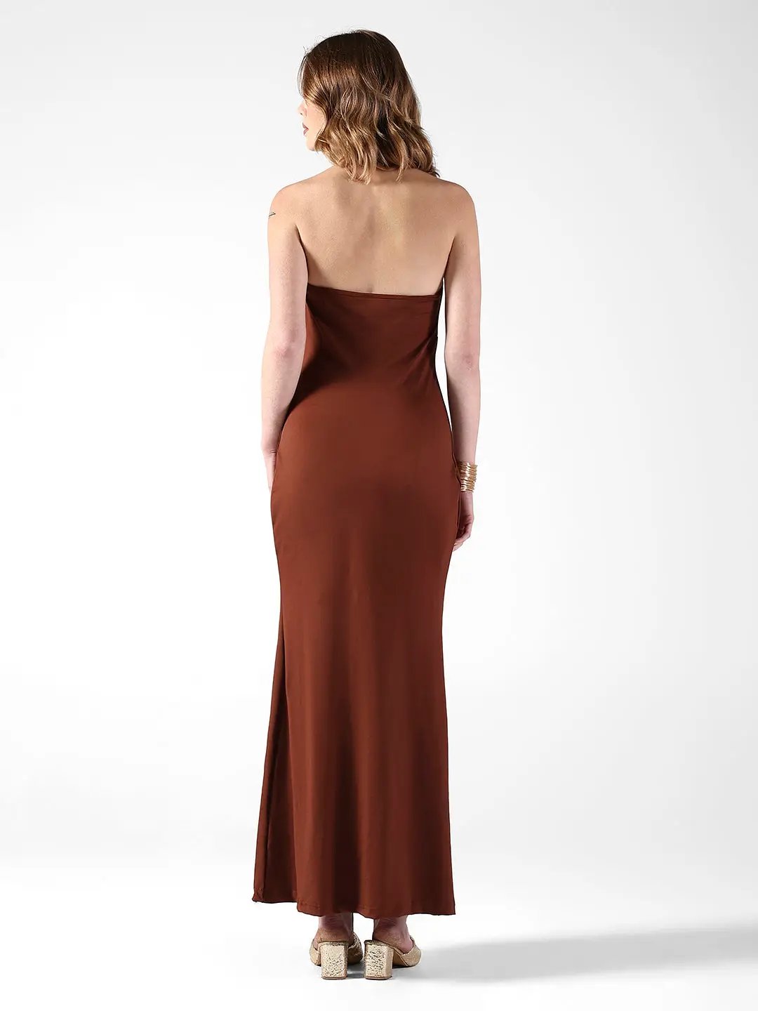 Shop Women's Brown Halter Neck Maxi Dress with Draped Waist| Showoffff Shop Women's Brown Halter Neck Maxi Dress with Draped Waist| Showoffff
