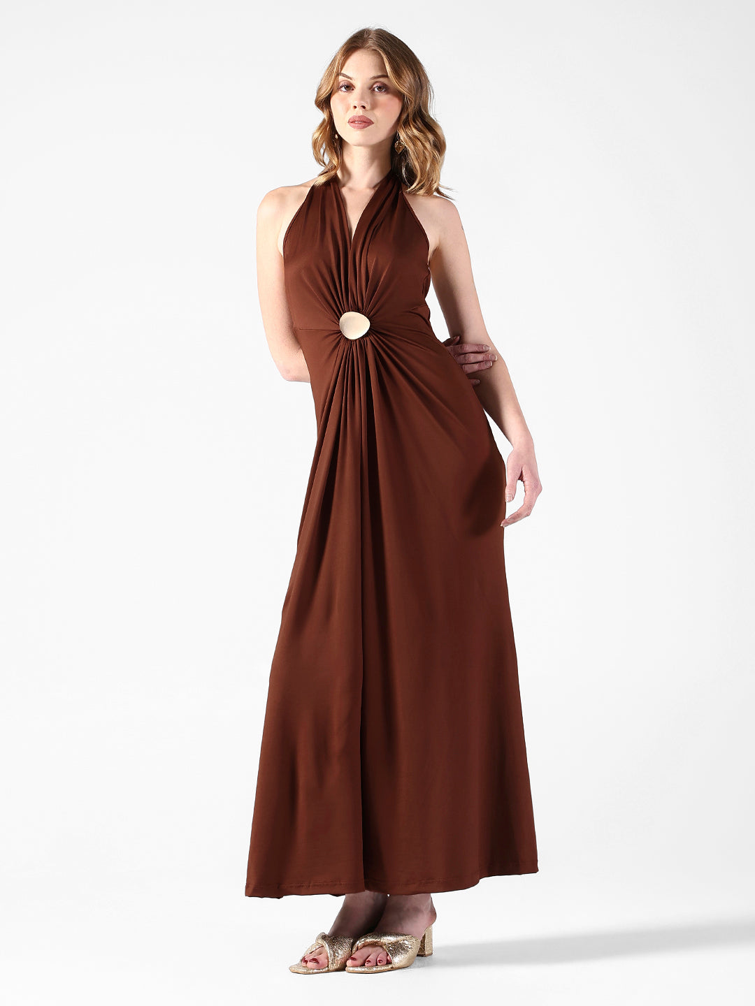 Women's Brown Halter Neck Maxi Dress with Draped Waist