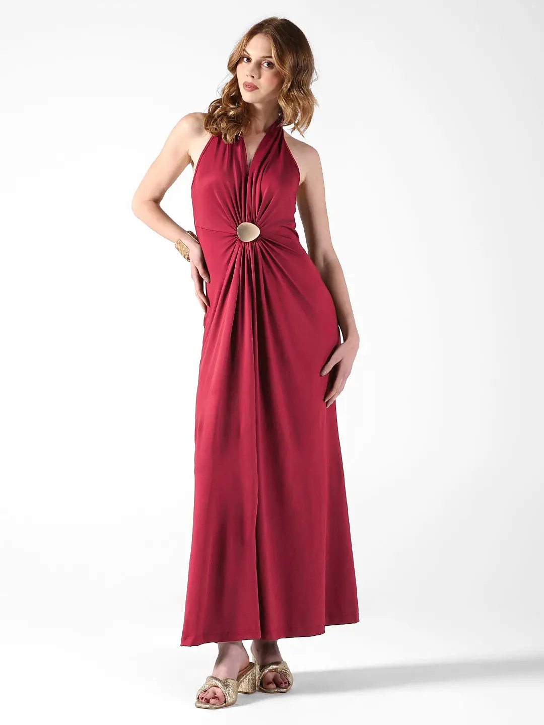 Women's Maroon Halter Neck Maxi Dress with Draped Waist