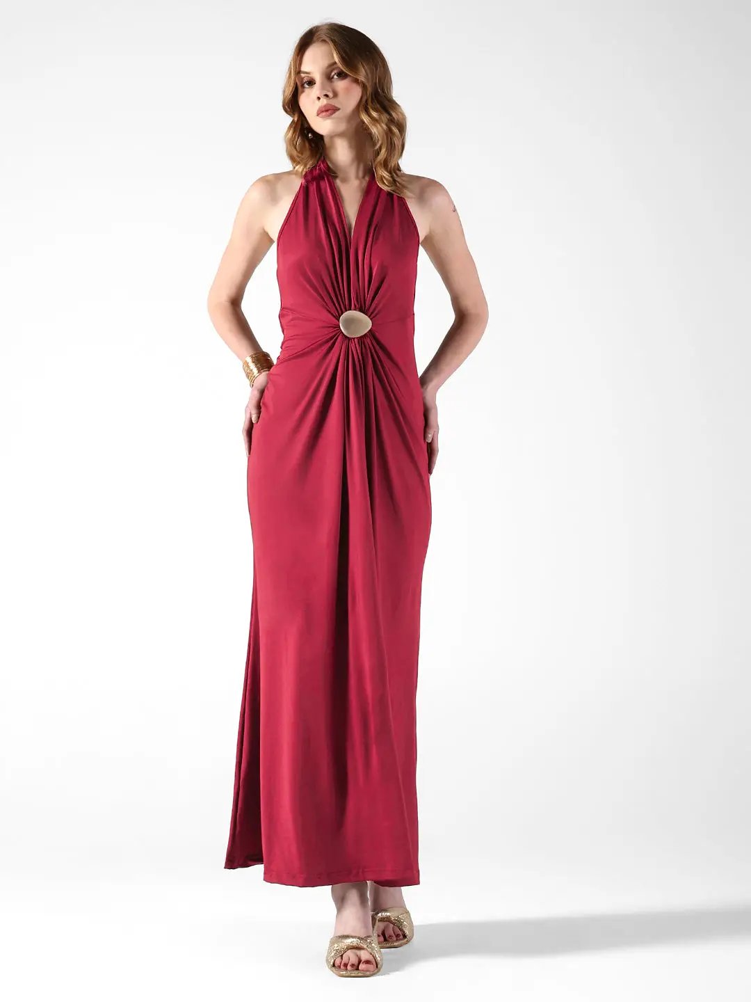 Women's Maroon Halter Neck Maxi Dress with Draped Waist