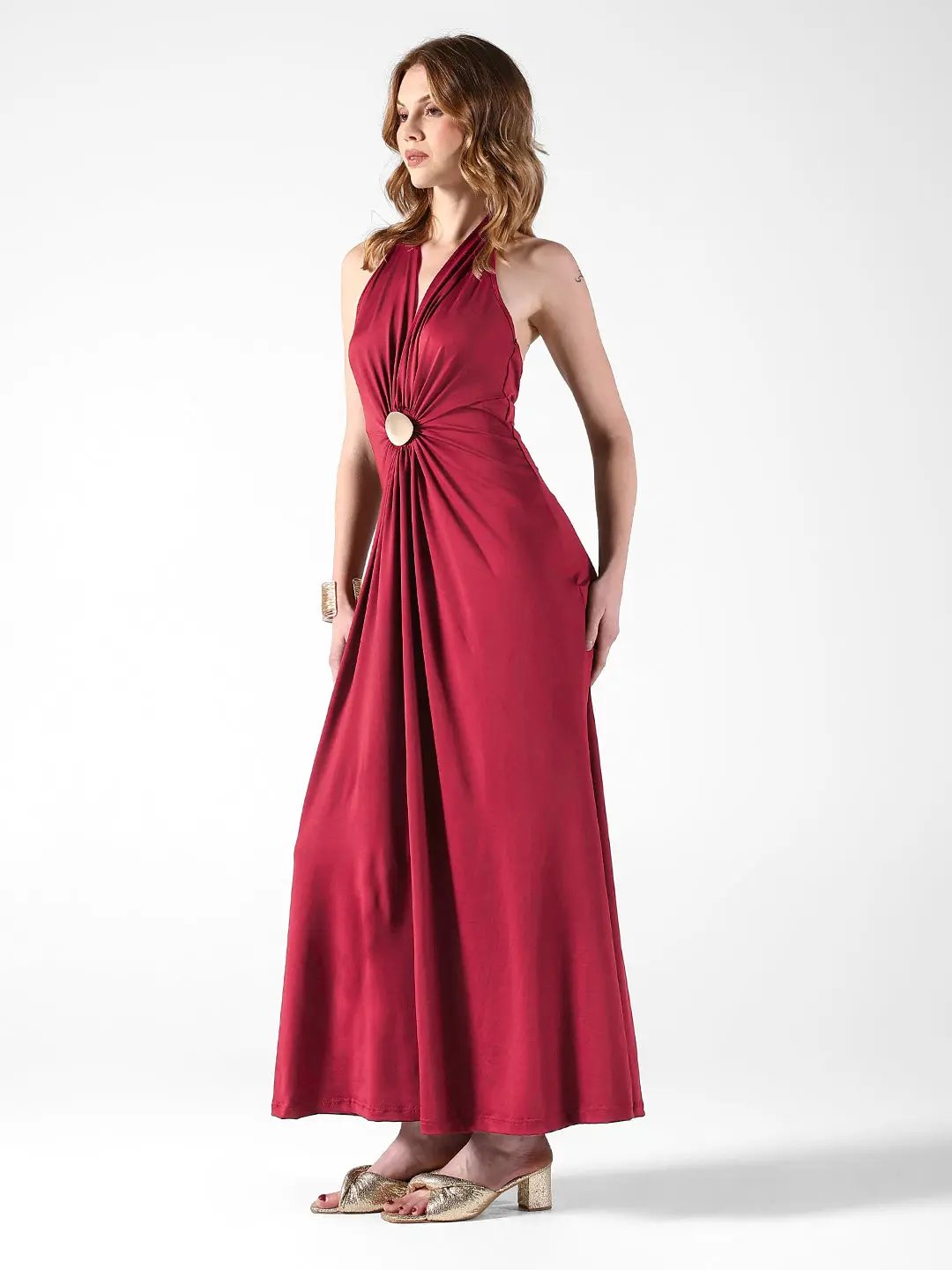 Women's Maroon Halter Neck Maxi Dress with Draped Waist