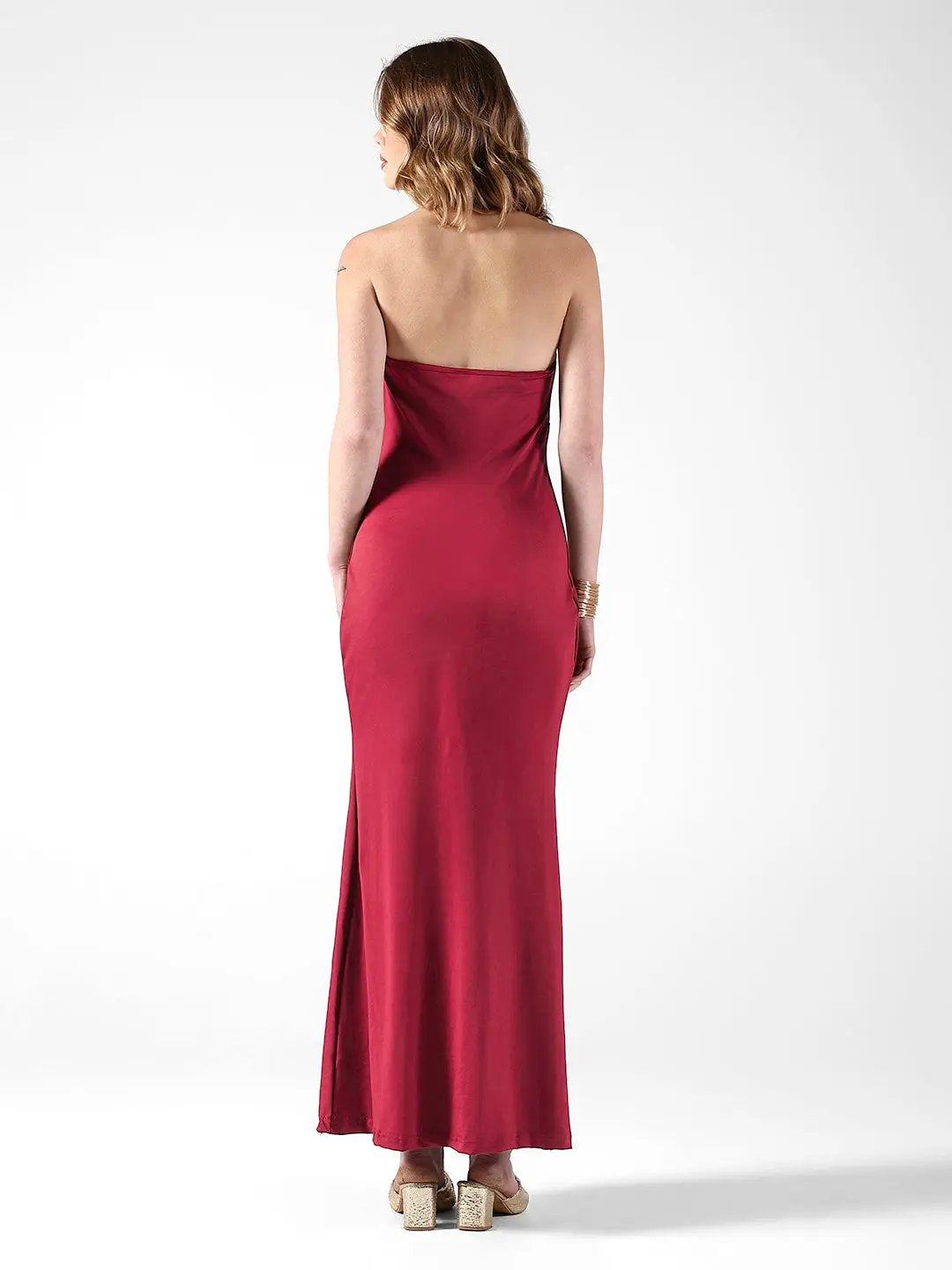 Women's Maroon Halter Neck Maxi Dress with Draped Waist