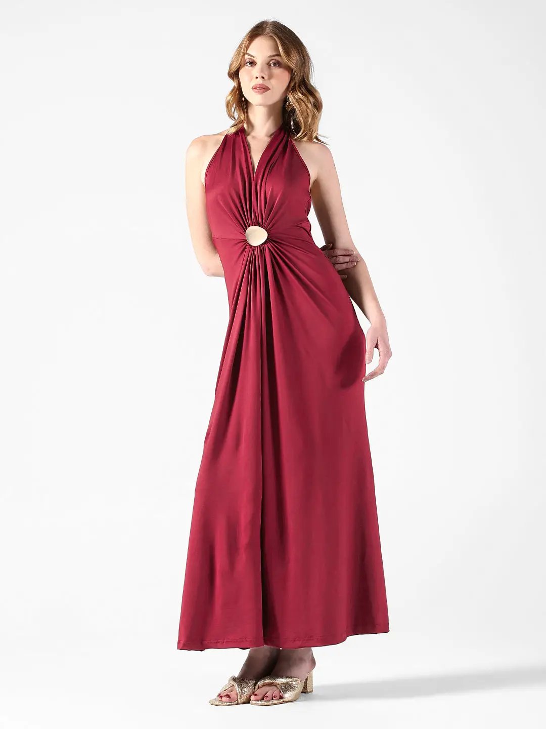 Women's Maroon Halter Neck Maxi Dress with Draped Waist
