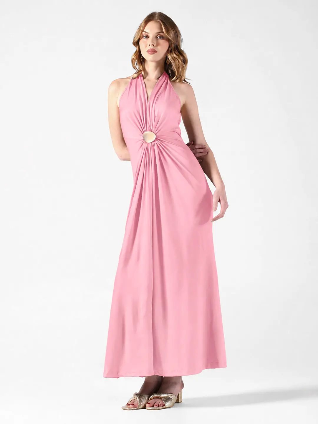 Women's Pink Halter Neck Maxi Dress with Draped Waist